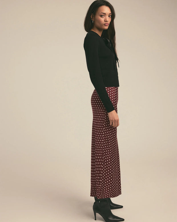 favorite daughter favorite skirt in sangria ditsy dot - dark red burgundy  polka dot skirt - silky satin bias cut skirt 