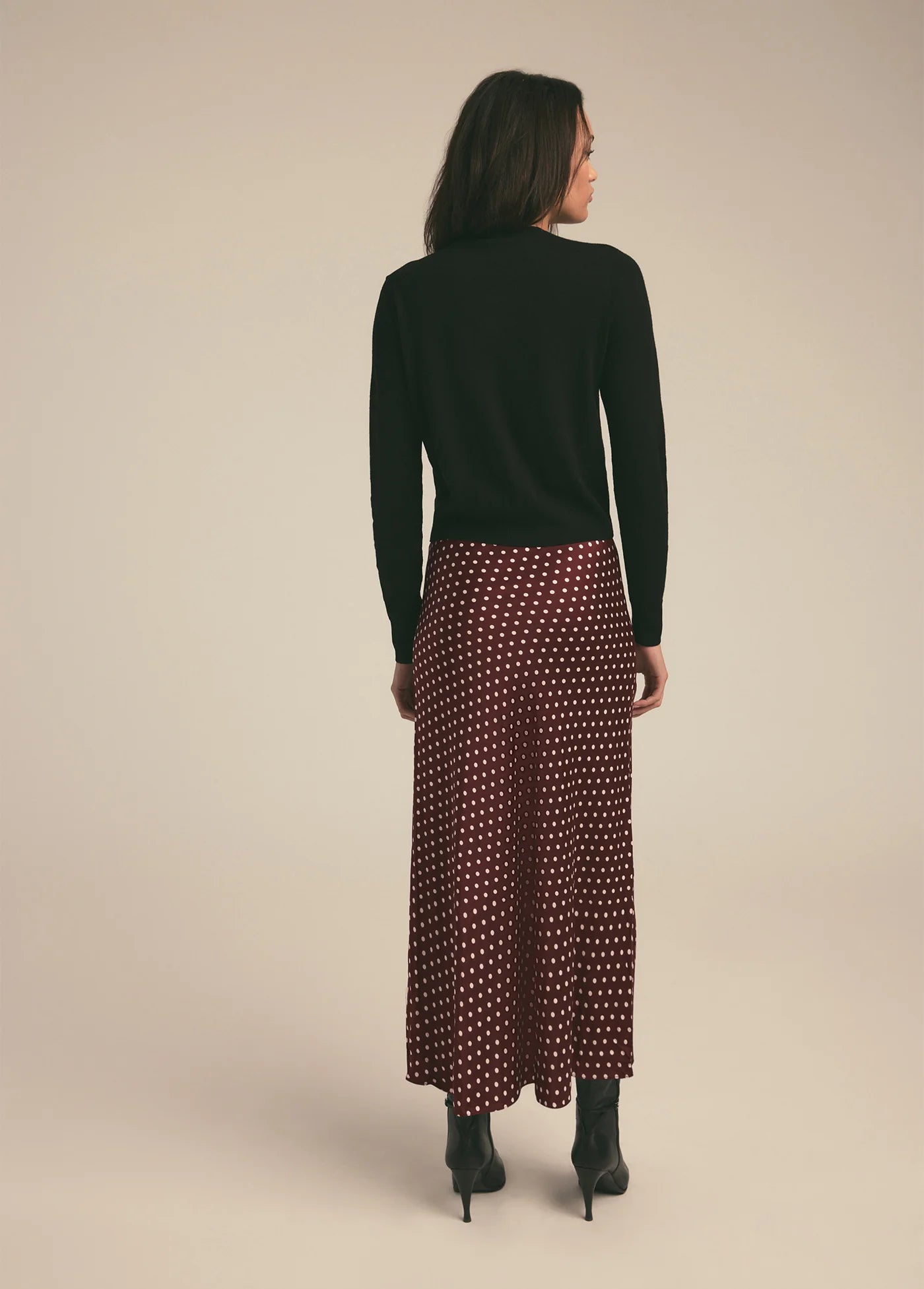 favorite daughter favorite skirt in sangria ditsy dot - dark red burgundy  polka dot skirt - silky satin bias cut skirt 