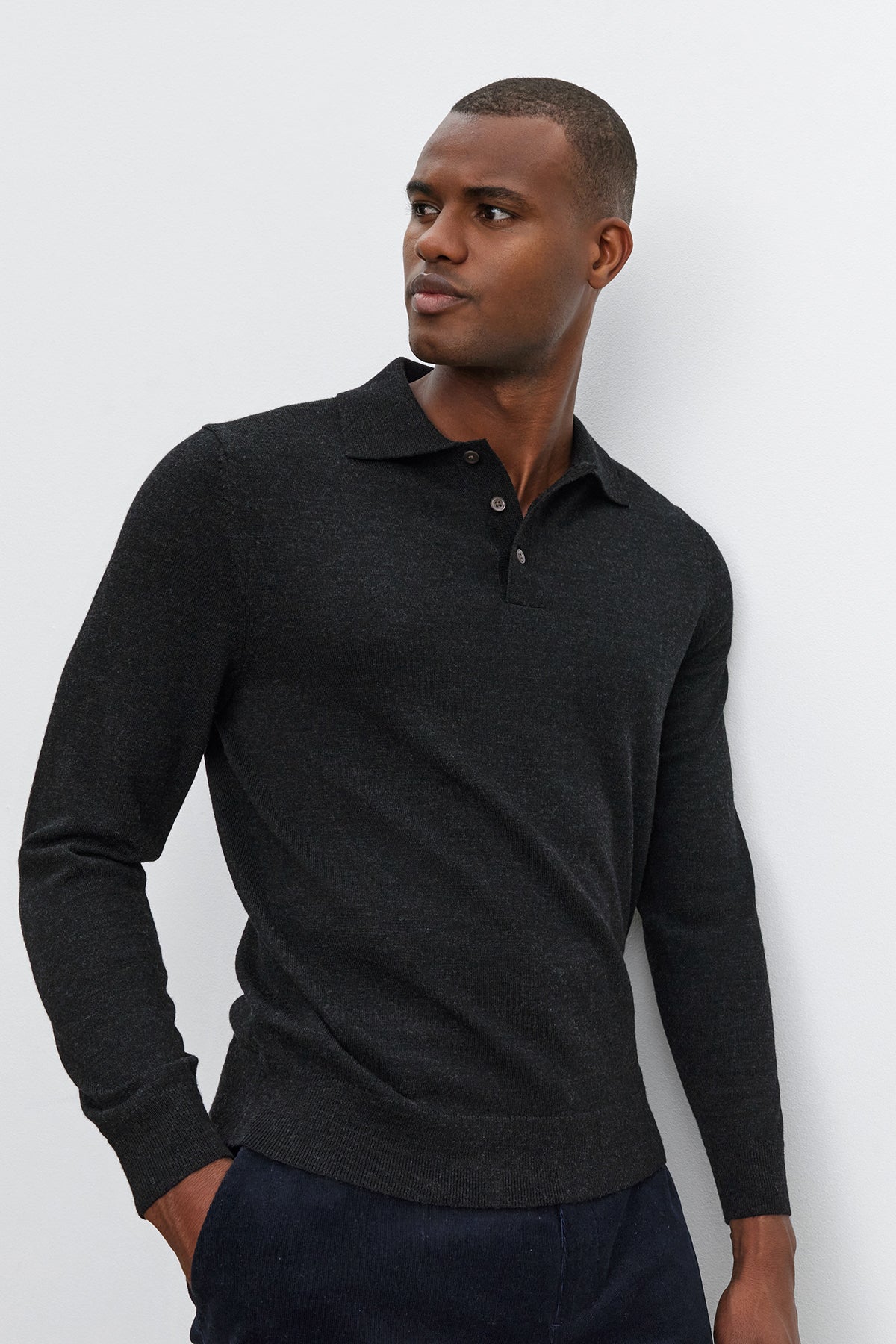 velvet by graham and spencer arthur02  long sleeve with collar - merino knit charcoal mens shirt 