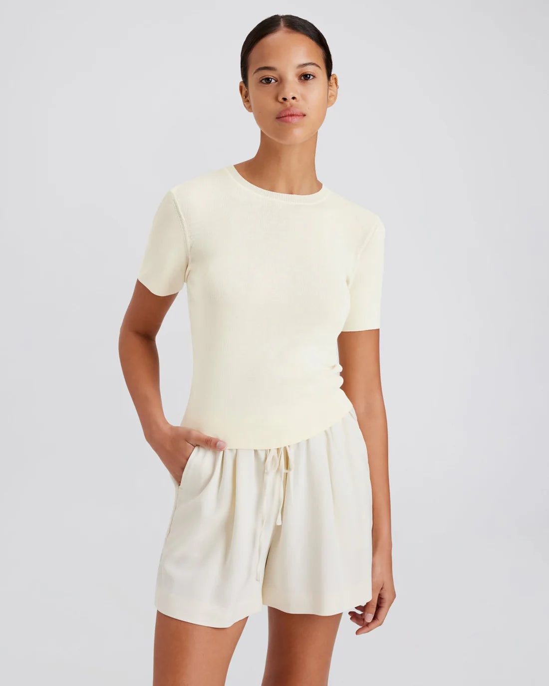 riada t shirt solid & striped - knit lightweight top in cream brule