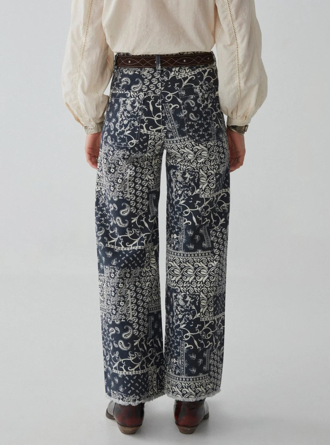 maison hotel twiggy pant in military blue - wide leg bandana print pant - paisley pant - wide leg trouser 