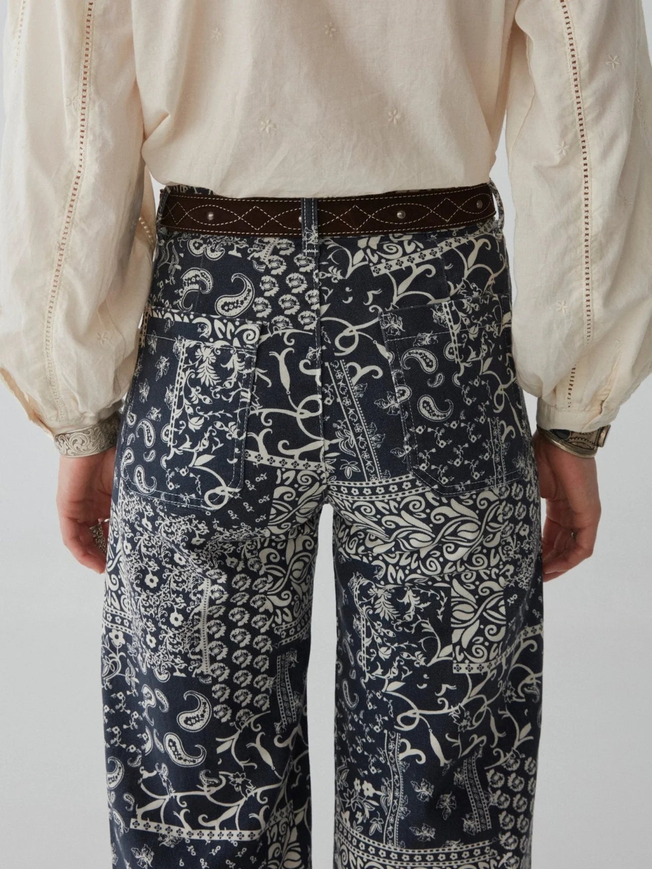 maison hotel twiggy pant in military blue - wide leg bandana print pant - paisley pant - wide leg trouser 