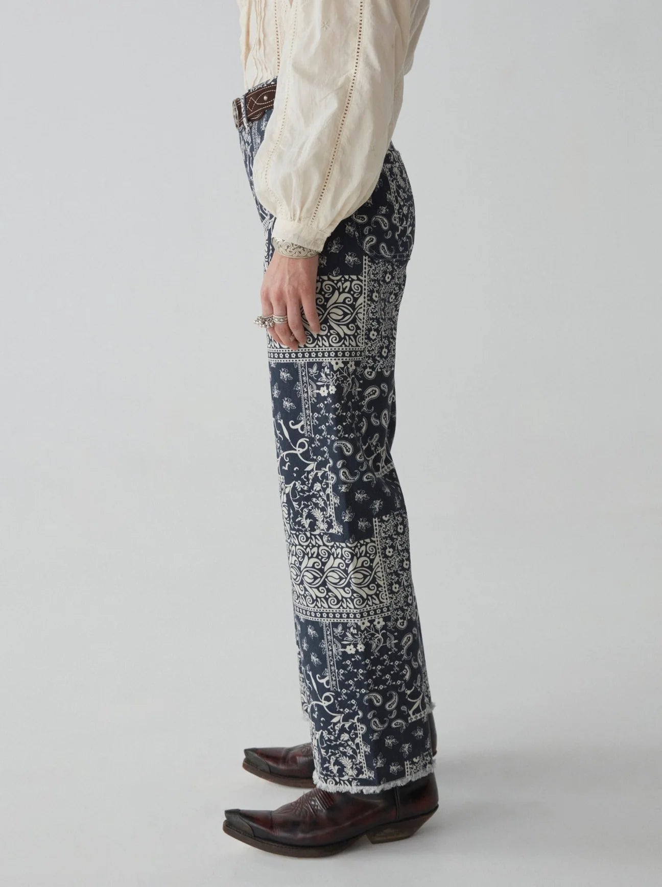 maison hotel twiggy pant in military blue - wide leg bandana print pant - paisley pant - wide leg trouser 