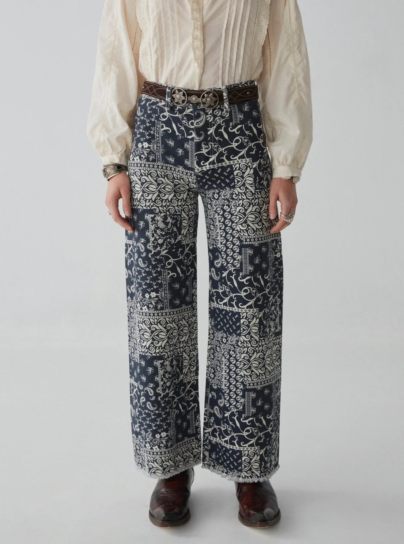 maison hotel twiggy pant in military blue - wide leg bandana print pant - paisley pant - wide leg trouser 