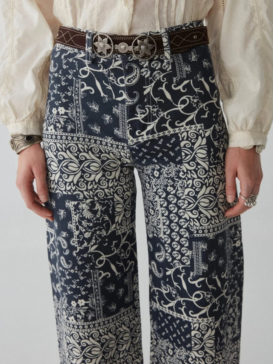 maison hotel twiggy pant in military blue - wide leg bandana print pant - paisley pant - wide leg trouser 