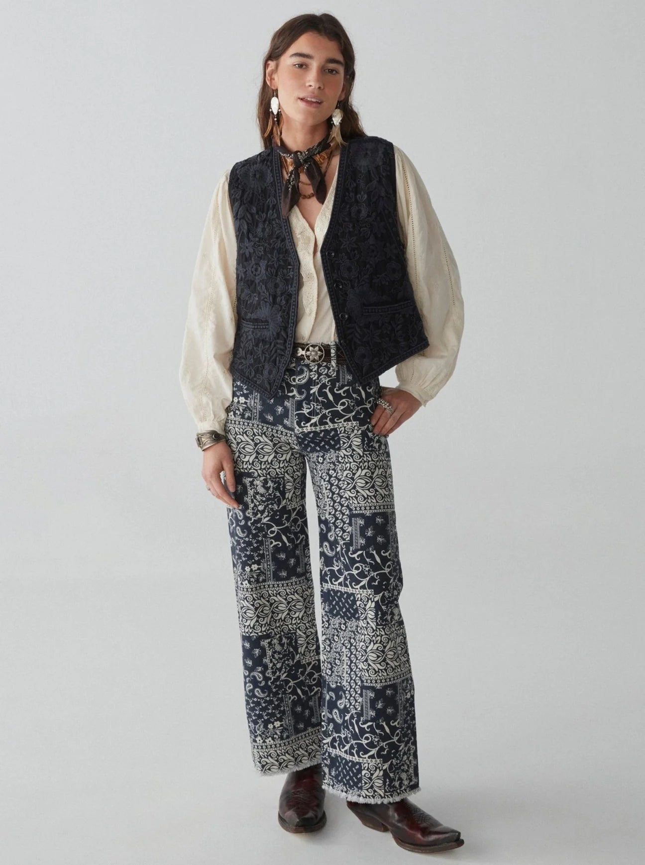 maison hotel twiggy pant in military blue - wide leg bandana print pant - paisley pant - wide leg trouser 