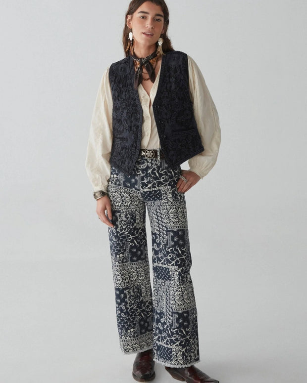 maison hotel twiggy pant in military blue - wide leg bandana print pant - paisley pant - wide leg trouser 